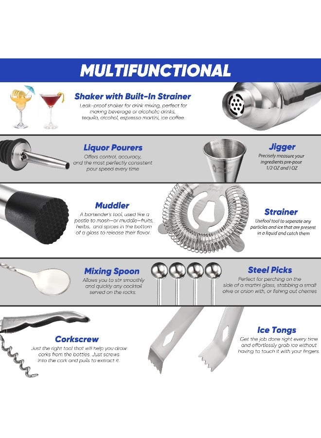 Touch of Mixology 14PC Bartender Kit - Silver Cocktail Shaker Set - All Barware Essentials for Drink Mixing Includes Stand, Martini Shaker, Jigger, Strainer, Mixer Spoon, Muddler, Liquor Pourers, Touch of Mixology - Image 3